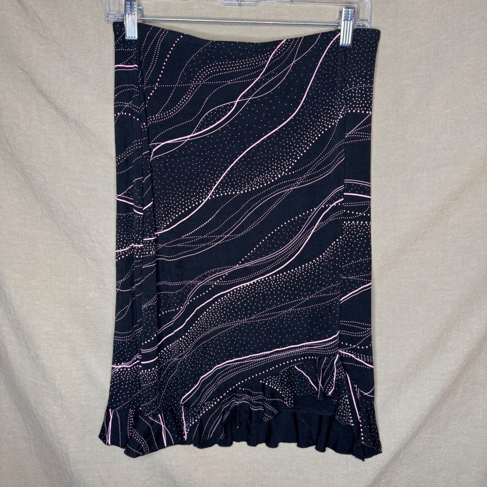 Y2k Pink Black Abstract Wave Ruffle Hem Midi Skirt Womens Medium Whimsy Vintage